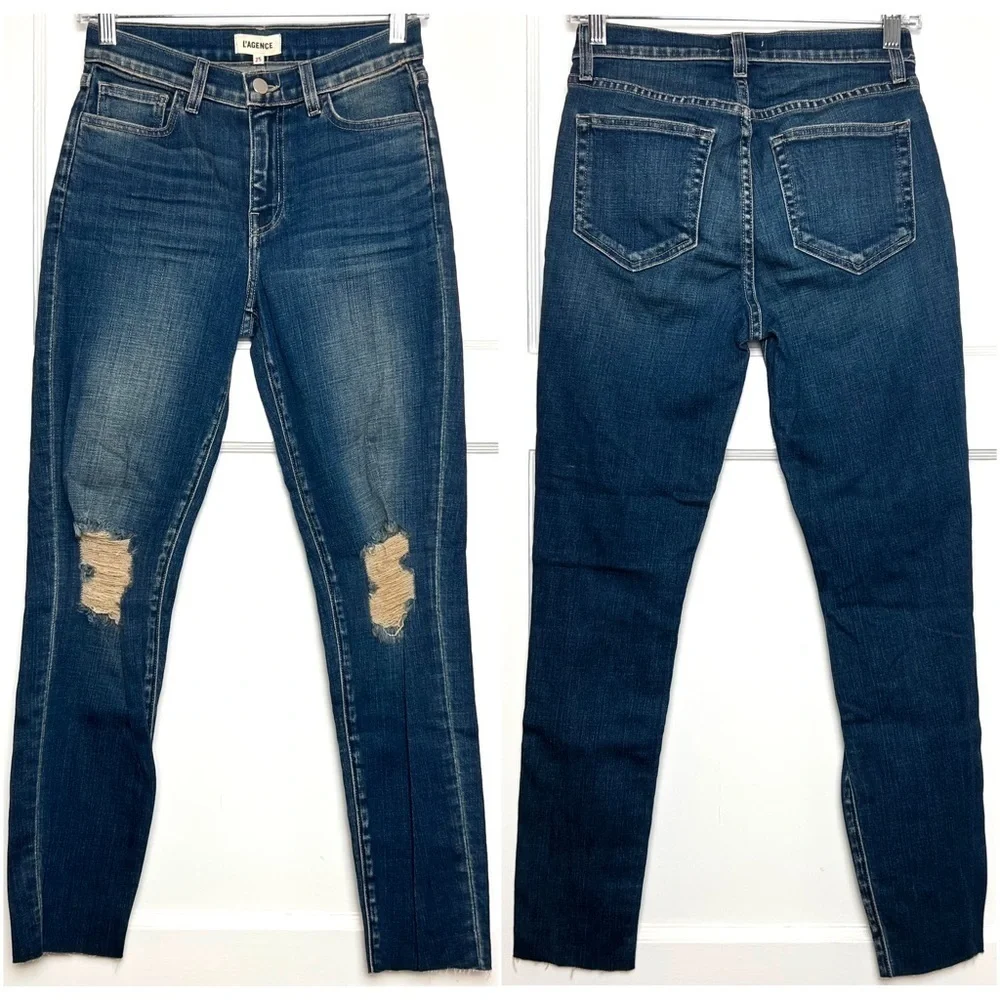 NWT L’AGENCE Distressed Ripped Knee Denim Ankle Crop Raw Hem French Slim Jean 25